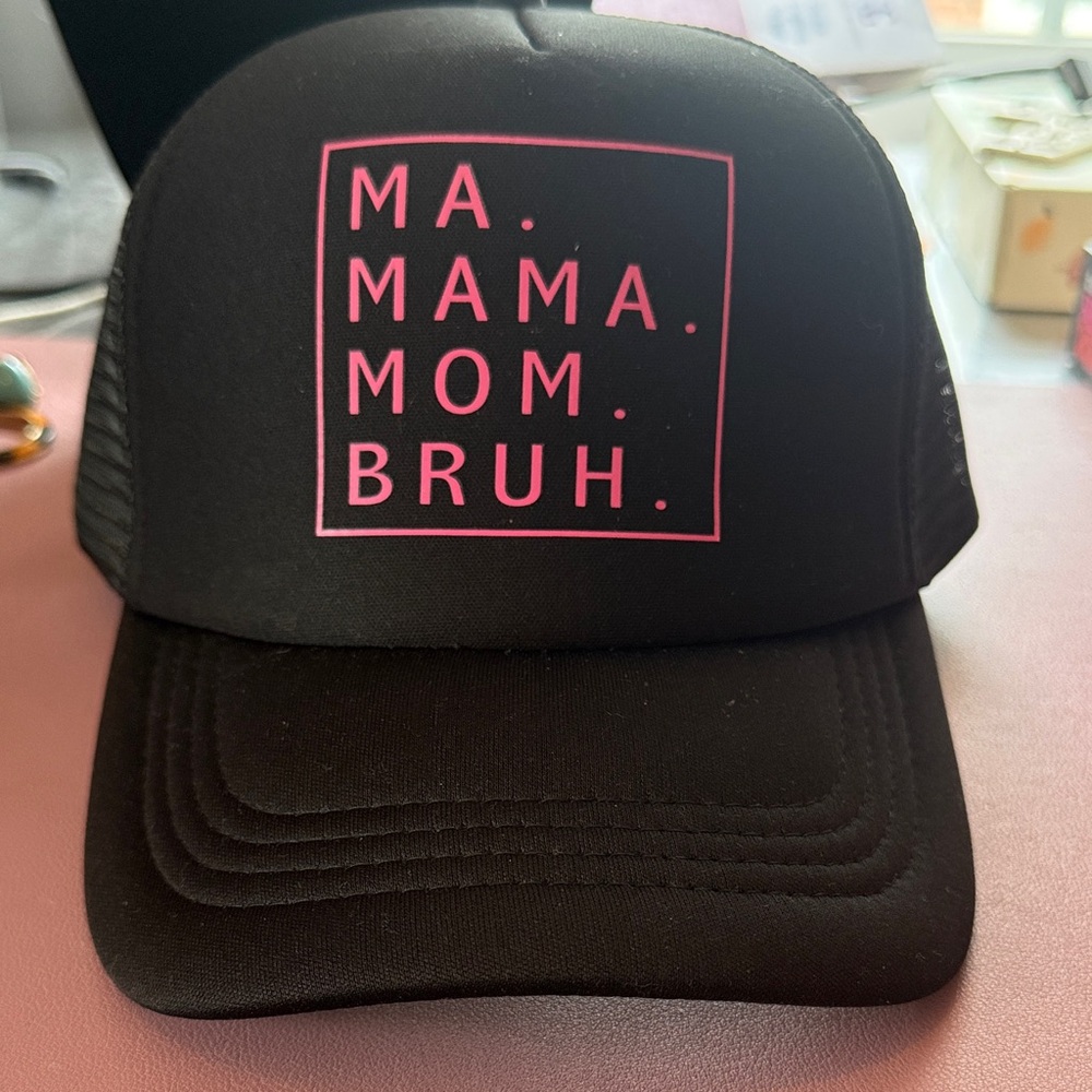 Black Trucker Hat with Pink MA. MAMA. MOM. BRUH. Graphic